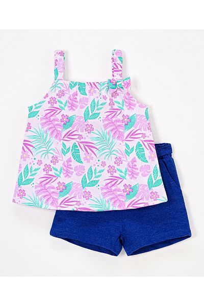 Babyhug Babyhug 100% Cotton Sleeveless Tropical Print Top and Shorts with Bow Applique - Pink & Blue