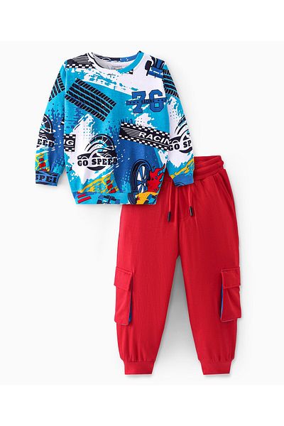Ollington St. Ollington St. - 100% Cotton Knit Full Sleeves Sweatshirt & Joggers Set Text Print - Blue & Red