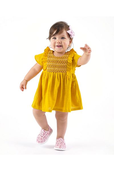 Bonfino Bonfino Cotton Viscose Half Sleeves Embroidered Frock - Yellow