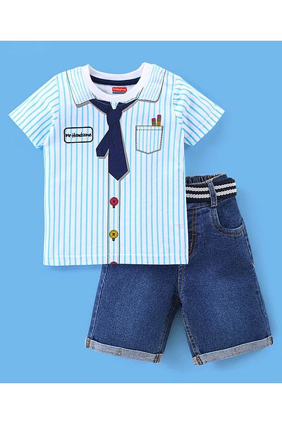Babyhug طقم تي شيرت قطني بأكمام نصفية وشورت جينز مخطط من Babyhug - أزرق