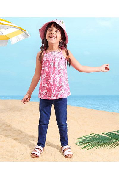 Babyhug Babyhug Cotton Sleeveless Tropical Print Top & Full Length Denim Jeans - Pink & Blue