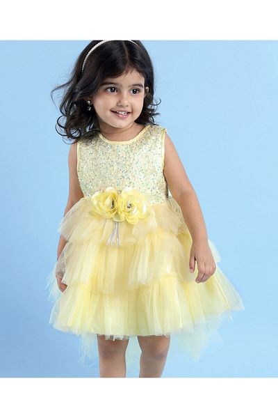 Babyhug Babyhug Woven Sleeveless Mesh Layered Flare With Tail Party Dress - Yellow