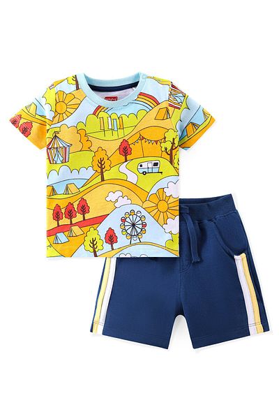 Babyhug Babyhug 100% Cotton Knit Half Sleeves T-Shirt & Shorts With Town Theme Print - Blue & White