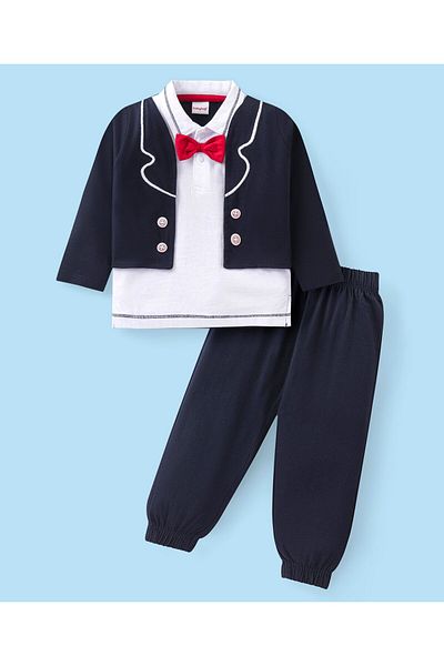 Babyhug Babyhug Cotton Knit Full Sleeves Overlapped Polo T-Shirt & Lounge Pants Set With Bow - Blue