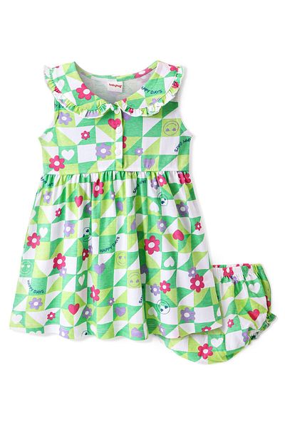 Babyhug Babyhug 100% Cotton Jersey Knit Sleeveless Floral Printed Frocks With Bloomer - Green