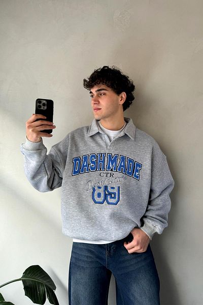Flaw Wear Dash Made Embroidered Gray Melange Polo Neck Sweatshirt