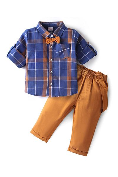 Babyhug Babyhug  Cotton Woven Full Sleeves Checks Shirt & Trouser Set with Bow & Suspender - Blue