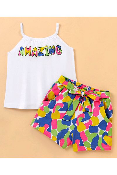 Ollington St. Ollington St. 100% Cotton Sleeveless Top  & Camouflage Printed Shorts Set-White & Multicolor