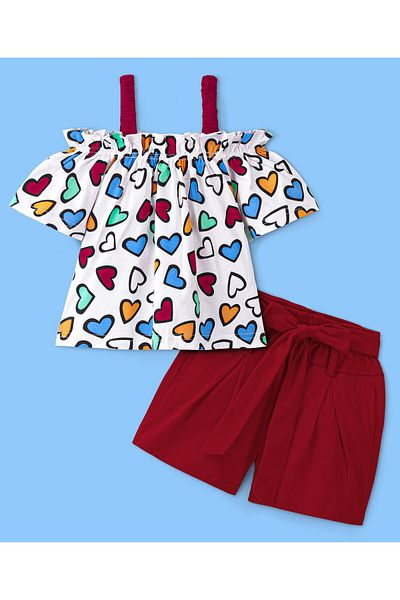 Ollington St. Ollington St. 100% Cotton Off Shoulder Heart Printed Top & Knit Paperbag Shorts Set - White & Red