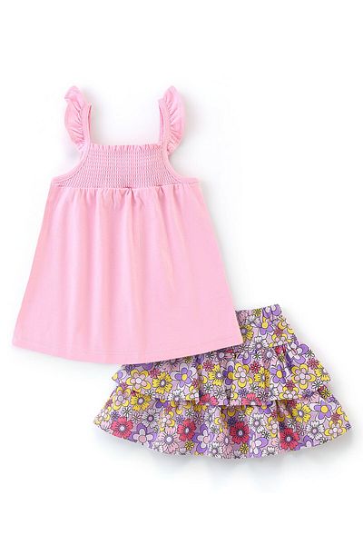 Babyhug Babyhug 100% Cotton Jersey Frill Sleeve Smocking Top & Layered Skirts Set Floral -Pink & Lilac