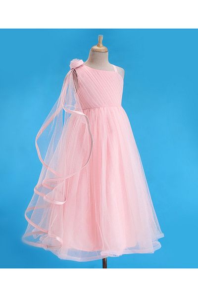 Babyhug Babyhug Sleeveless One Side Ruffle  Mesh Party Frock - Peach