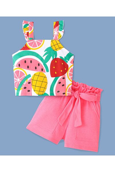 Ollington St. Ollington St. 100% Cotton Sleeveless Fruity Printed Top &  Shorts Set with Self Fabric Belt - Pink