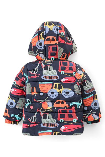 Babyhug Babyhug Full Sleeves Hooded Jacket with Vehicles Print - Navy Blue