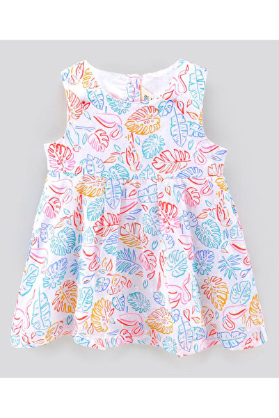 Bonfino Bonfino Sleeveless Cotton Frock With Headband Leaf Print - White