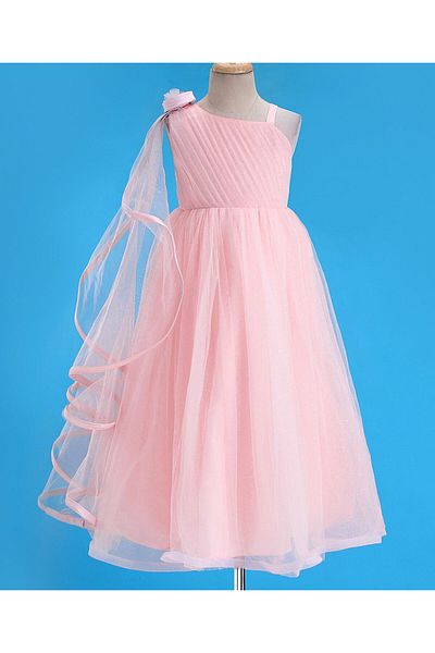 Babyhug Babyhug Sleeveless One Side Ruffle  Mesh Party Frock - Peach
