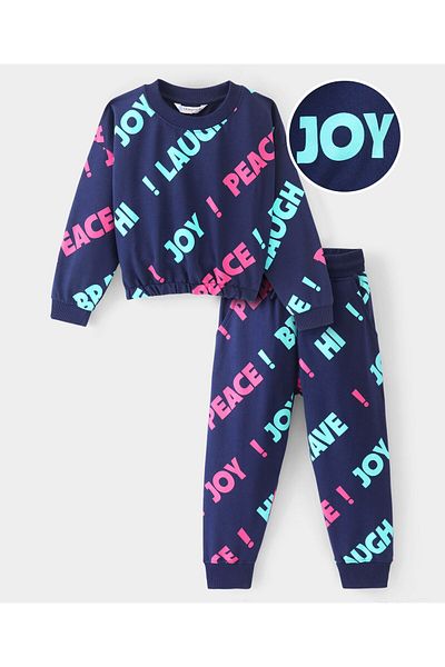 Ollington St. Ollington St. 100% Cotton All Over Printed Sweatshirt & Pants/Co/ord Set - Navy Blue
