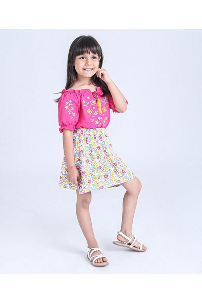 Babyhug Babyhug Half Sleeves Top & Skirt Set with Bow Floral Print - Pink
