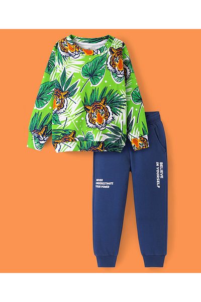 Ollington St. Ollington St. 100% Cotton Knit Full Sleeves Sweatshirt & Joggers Set With Tiger Print - Green & Navy