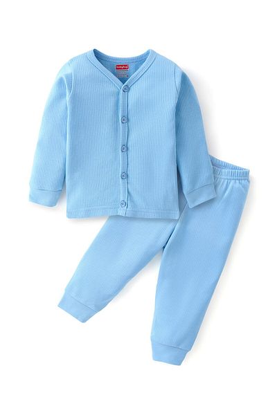 Babyhug Babyhug Cotton Blend Full Sleeves Front Open Thermal Vest & Pants - Blue