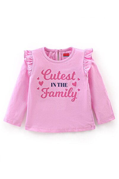 Babyhug Babyhug Cotton Full Sleeves Tee With Frill Detailing & Text Graphics- Pink