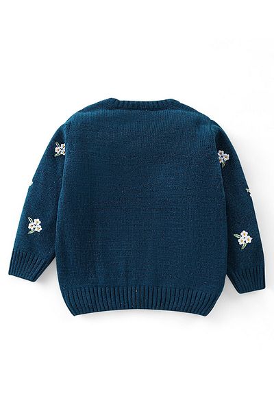 Babyhug Babyhug 100% Acrylic Knit Full Sleeves Sweater With Floral Embroidery - Navy Blue