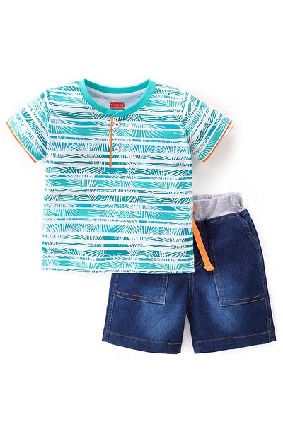 Babyhug Babyhug Single Jersey Knit Half Sleeves T-Shirt & Denim Shorts Tropical Print - Blue