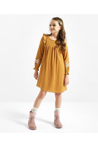 Primo Gino Primo Gino 100% Cotton Knit Full Sleeve Double Gauze A-Line Dress Smocking Floral-Mineral Yellow