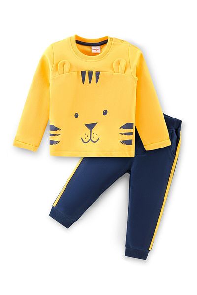 Babyhug Babyhug Cotton Full Sleeves T-Shirt & Lounge Pant Set Tiger Print- Yellow & Navy Blue