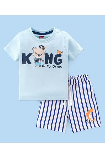 Babyhug Babyhug 100% Cotton Knit Half Sleeves T-Shirt & Shorts With Teddy Print - Blue & White