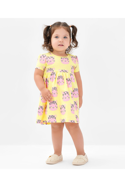 Bonfino Bonfino 100% Cotton Kitten Printed Half Sleeves Frock - Yellow