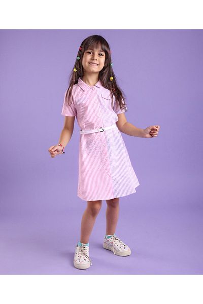 Babyhug Babyhug Rayon Half Sleeves Striped Shirt Dress - Pink & Purple