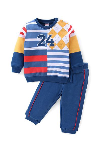 Babyhug Babyhug 100% Cotton Knit Full Sleeves T-Shirt & Lounge Pants With Number Embroidery - Navy Blue
