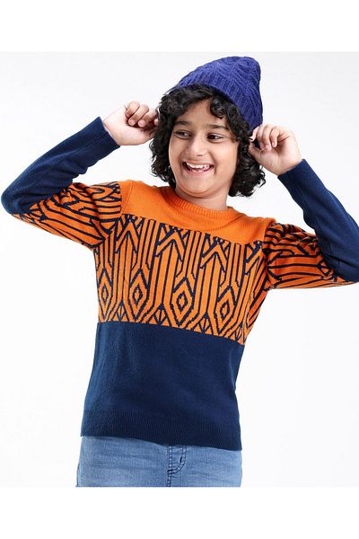 Pine kids Akrilik Örme Uzun Kollu Soyut Tasarım Kazak - Turuncu ve Siyah