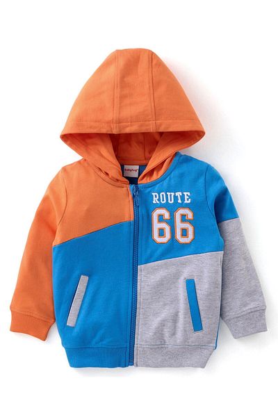 Babyhug Babyhug Cotton Knit Full Sleeves Hooded T-Shirt & Joggers Set With Number Embroidery - Brown & Blue