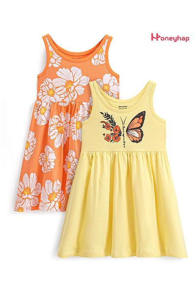 Honeyhap Honeyhap Premium 100% Cotton Sleeveless Frock Floral & Butterfly Pack Of 2-Yellow & Orange
