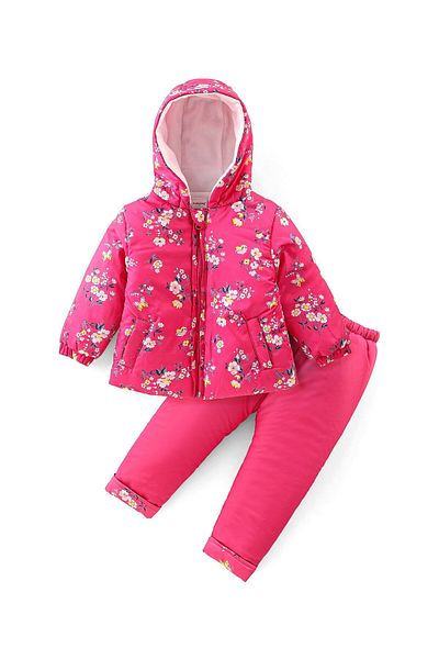 Babyhug Babyhug Woven Full Sleeves Hooded Puffer Winter Wear Suit With Floral Print - Pink
