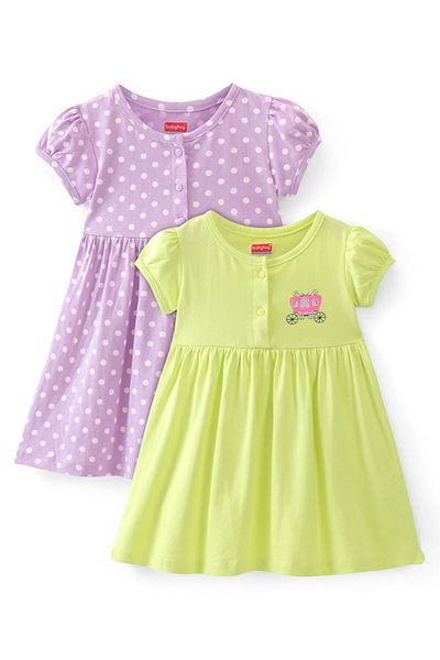 Babyhug Babyhug Cotton Knit Short Sleeves Frocks With Polka Dots Print Pack Of 2 - Lilac & Green
