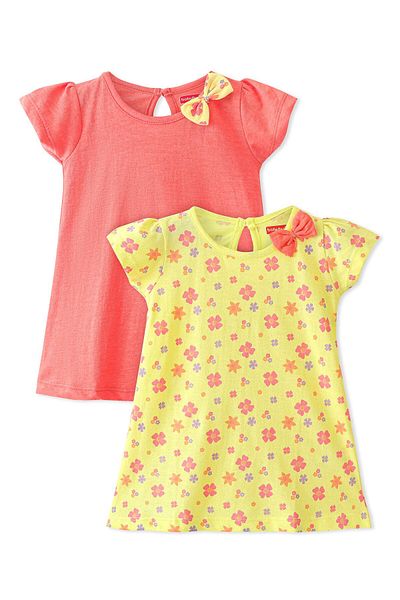 Babyhug Babyhug 100% Cotton Half Sleeves Frocks With Floral Print Pack Of 2 - Red & Yellow