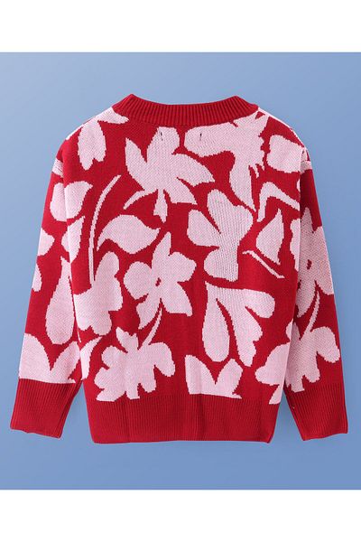 Pine kids Pine Kids Knit Full Sleeves Front Open Sweater with Floral Design - Maroon