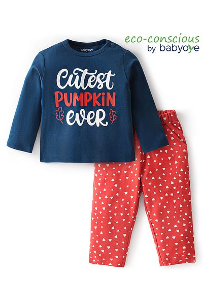 Babyoye Babyoye 100% Cotton Eco-Jiva Finish Full Sleeve T-Shirt & Lounge Pants Text Print-Red & Blue