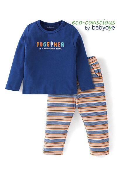 Babyoye Babyoye 100% Cotton Eco-Jiva Finish Full Sleeve Text Printed T-Shirt Striped Lounge Pant-Blue