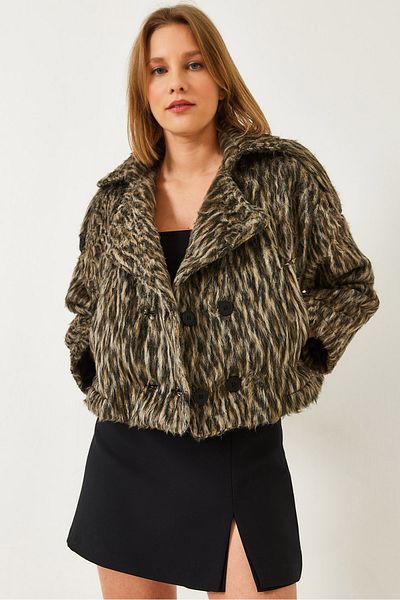 Bianco Lucci Women's Wide Collar Epaulettes Leopard Raised Stamp Jacket 241018 60261269