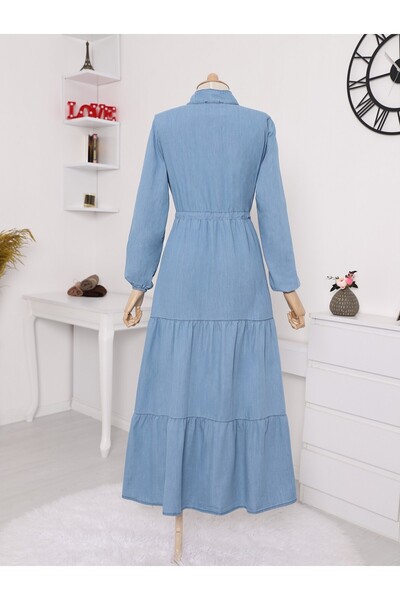 Modamorfo Rochie albastră din denim - Design cu volane în față cu jumătate de nasture, împărțit