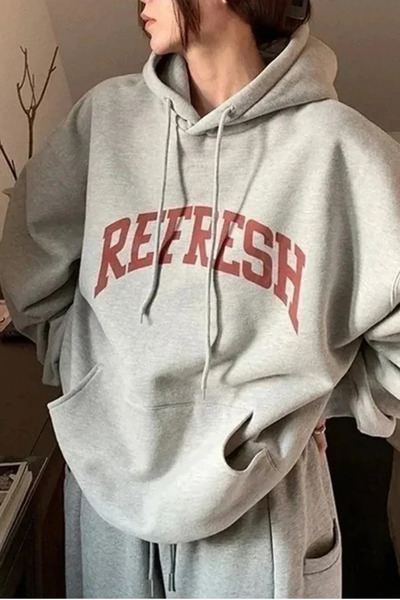 FECCY Pamuklu REFRESH Baskılı Kapüşonlu Sweatshir