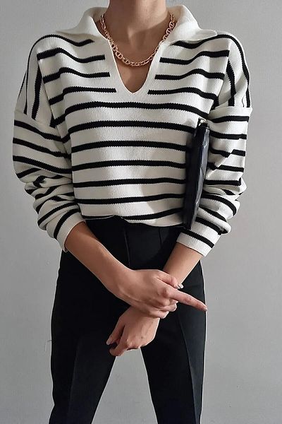 İpli Pulover de damă cu dungi albe și negre cu gât polo