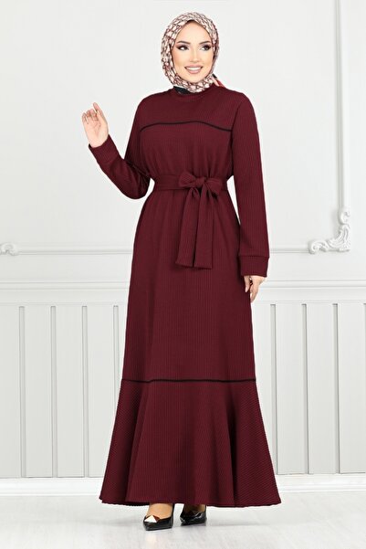 ModaMerve Winter Dress with Piping Detail 4025Pm1063-M Claret Red