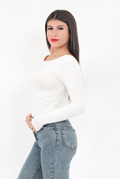 GİYSA Women's Ecru Low-Cut Long Sleeve Stretchy Bodysuit with Snap Fasteners - 2440