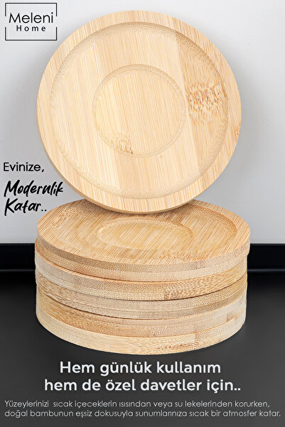 Meleni Home 6'lı Bambu Bardak Altlığı Set - Ahşap Yuvarlak Çay Tabağı Kahve Fincan Altlığı 10 cm