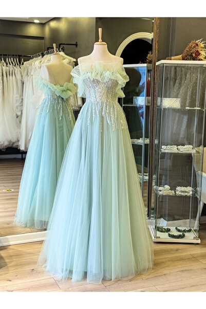 Lenta Moda Su Yeşili Değiştirilebilir Yaka Detaylı İşlemeli Dantel Kaplama Ma...