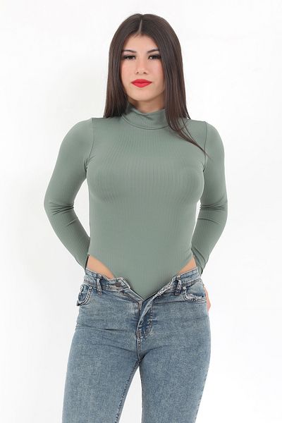 GİYSA Body cu mânecă lungă, cu mânecă lungă, cu închidere cu capse, kaki, pentru femei - 2441